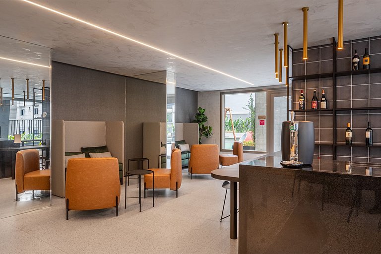 Studios Sofisticados com Ar, Cozinha, piscina, coworking e m